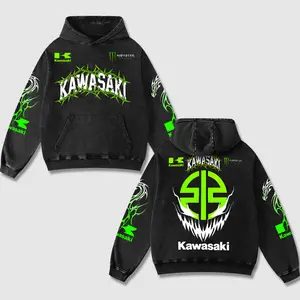 Retro Kawasaki x Monster Energy Racing Acid Washed Hoodie MotoGP World Champion Enthusiast Apparel Streetwear Racing Team Energy Drink Motorcycle Clothing Motobike Riders Supermotor Off-Road Dirt Bike Fan Gear Cotton For Motor Fan