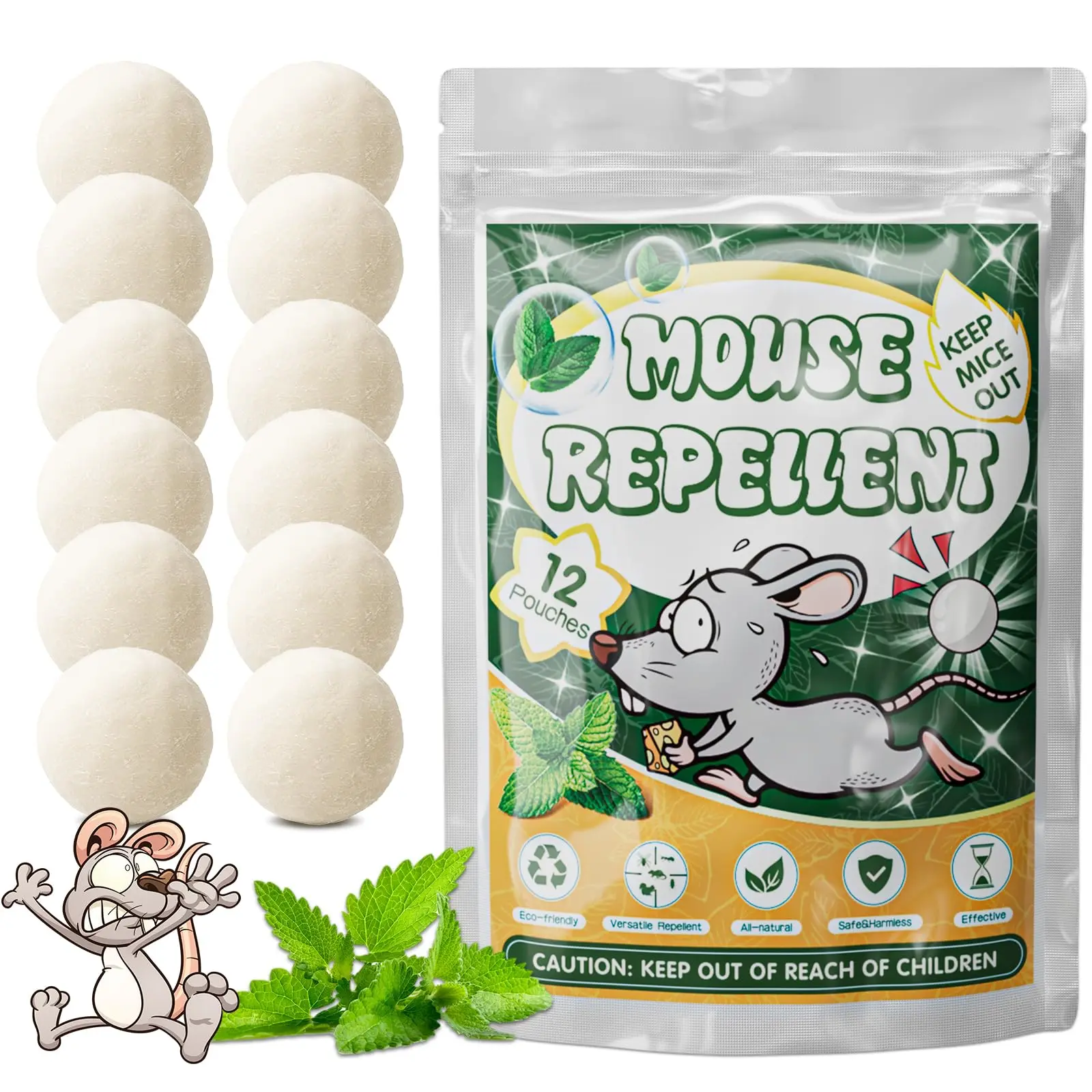 12 Pouches Mouse Repellent Balls, Peppermint Oil Moth Balls for Rats and Squirrels, Natural Pest Control Rodents Deterrent for Indoor/Outdoor Use, Home, Garage, House, Car, Garden, Sewer, Basement - Safe for Humans & Pets