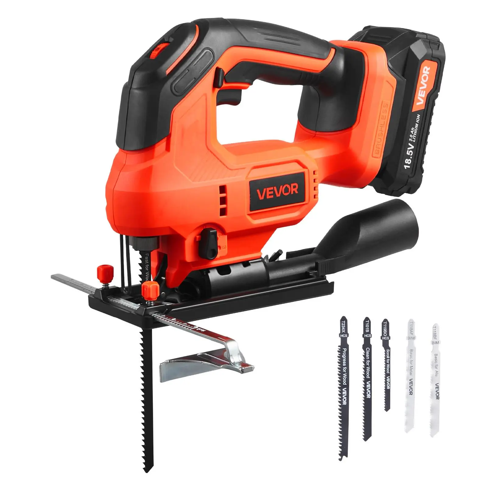 VEVOR 20V Brushless Cordless Jig Saw with Batteries, 3500 SPM Blade Speed, 6 Variable Speeds, 4 Orbital Modes, 0-45° Bevel Cuts, 6 Blades (Straight & Curved), LED Light, Adjustable Depth & Angle, for Wood, Metal & Circular Cutting