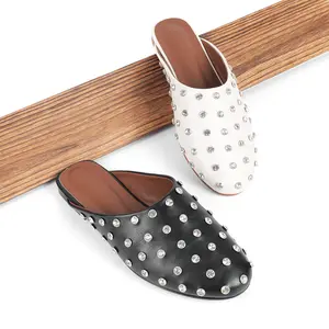 【Tiktokshopmothersday】Women's Rhinestone Studded Mules - Black & White Slip-On Loafers with Shiny Crystal Embellishments - Comfortable Flat Backless Shoes for Casual, Party,  Streetwear, Spring & Summer Fashion