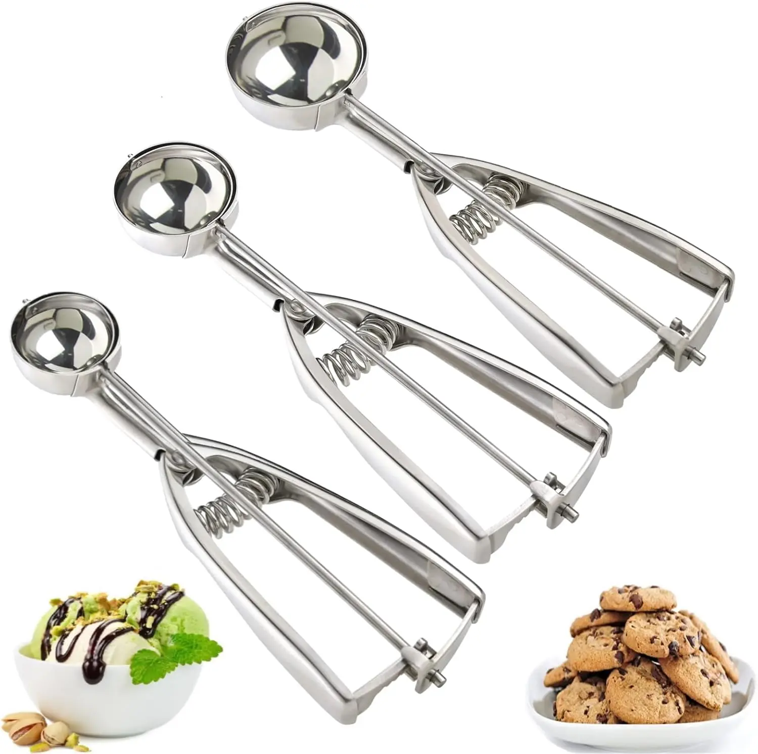 3-Piece Stainless Steel Cookie & Ice Cream Scoop Set – Trigger Release Scoopers for Baking, Dough, Ice Cream & Desserts, Durable Kitchen Tools for Perfect Portions