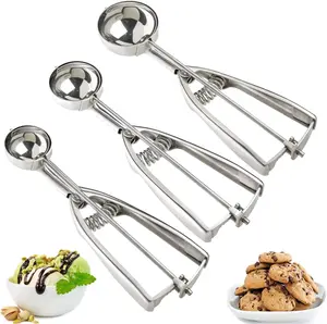 3-Piece Stainless Steel Cookie & Ice Cream Scoop Set – Trigger Release Scoopers for Baking, Dough, Ice Cream & Desserts, Durable Kitchen Tools for Perfect Portions