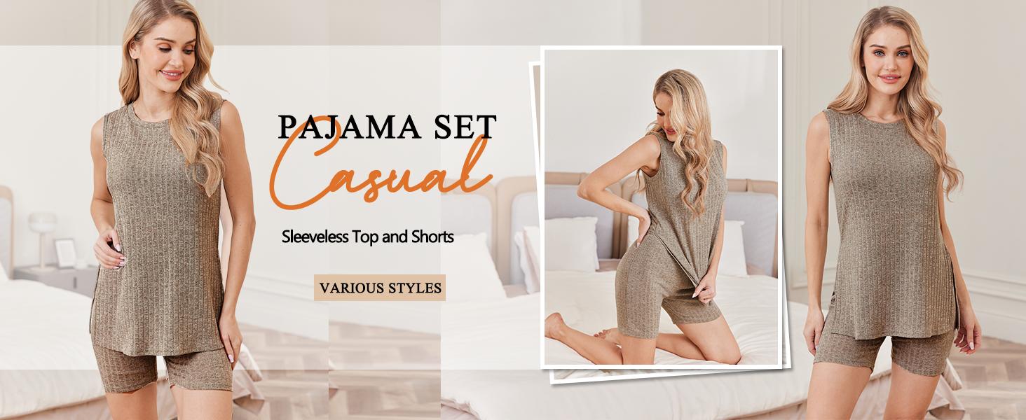 EKOUAER Spring Women's Clothing Sets Summer Striped Knitted Sleeveless Women's 2-Piece Set Cycling Shorts Casual Comfortable Set S-XXL EKOUAER Spring Women's Clothing Sets Summer Striped Knitted Sleeveless Women's 2-Piece Set Cycling Shorts Casual Comfortable Set S-XXL