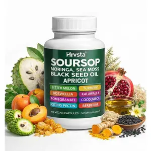 Soursop supplement, containing moringa, seaweed, black seed oil, berberine, turmeric, resveratrol, quercetin, green leafy vegetable extracts, bitter herbs, frankincense, bitter melon, and burdock root, provides antioxidant support, 60 capsules.