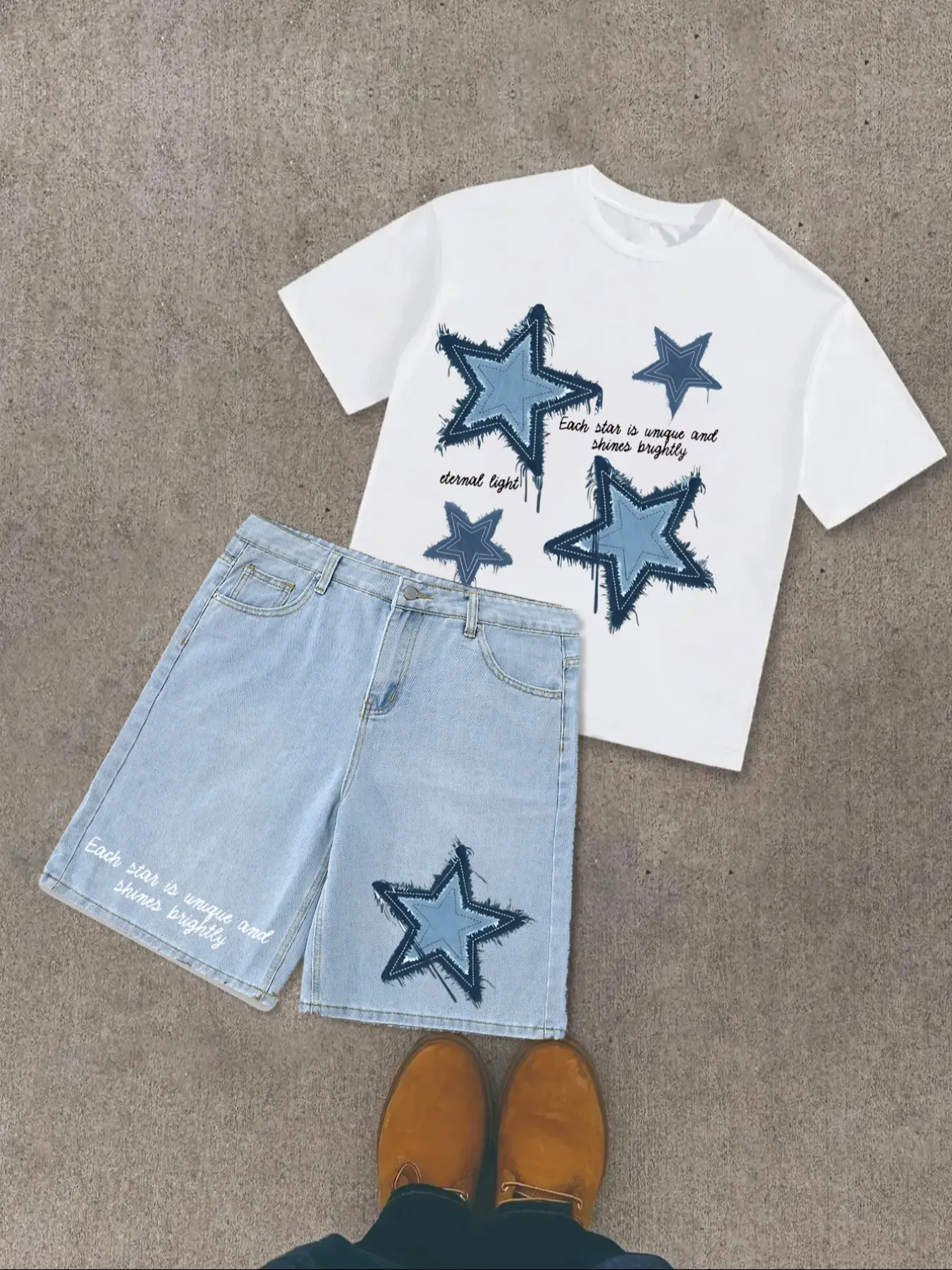 Men's Summer Printed T-Shirt & Denim Shorts Set, Casual Two-Piece, Comfortable Daily Wear, Matching Color Ensemble