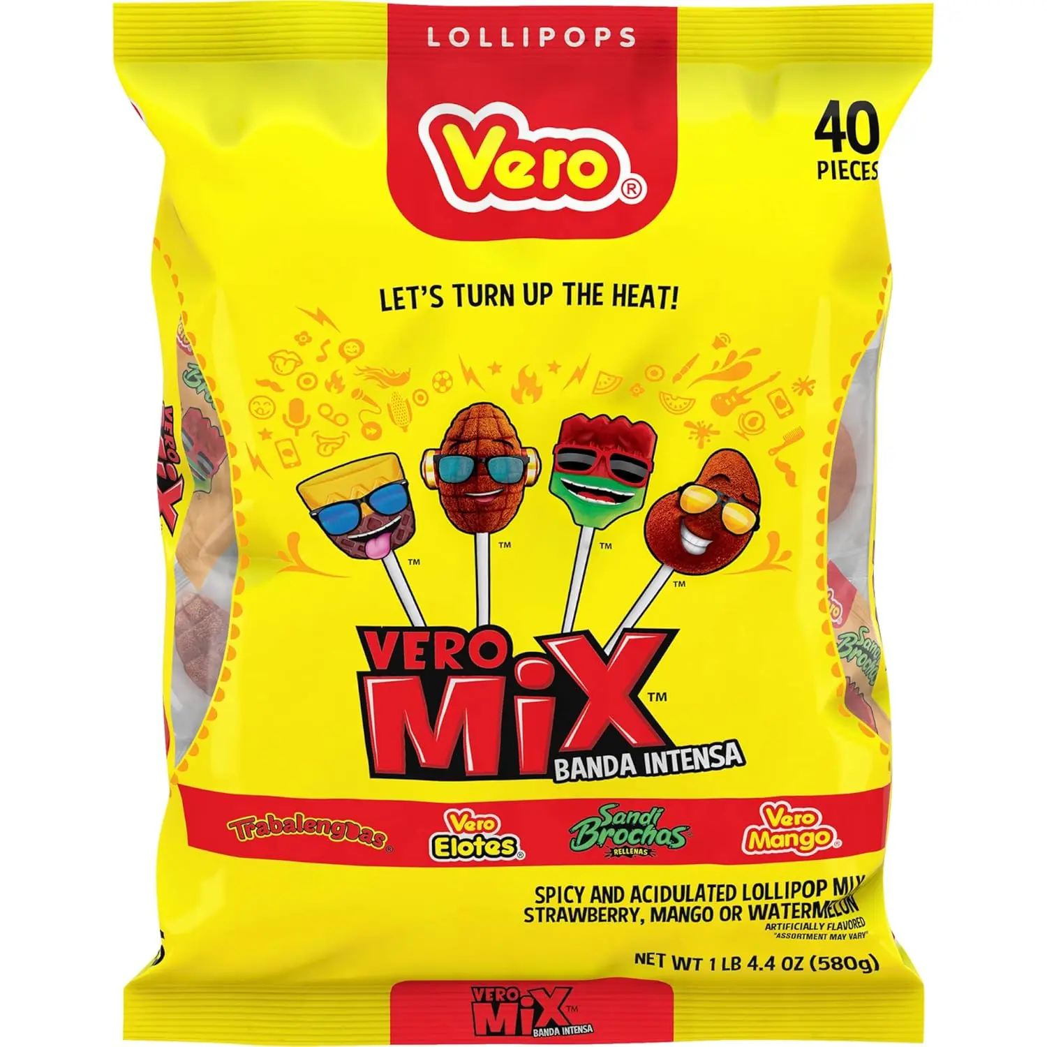Vero Banda FUEGO Mix Assorted Chili Lollipops, 40 Count Bag Mexican Candy Dulces Mexicanos Candies Spicy