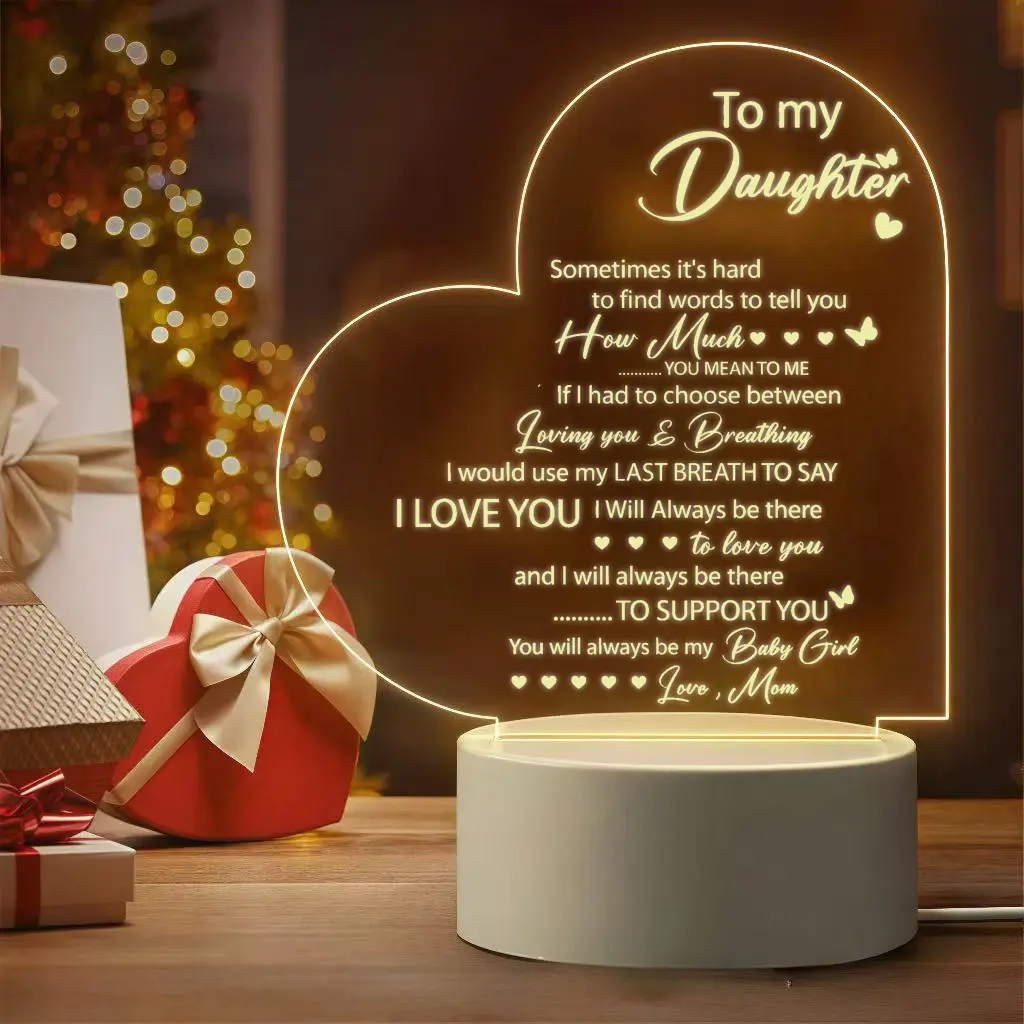 To My Daughter Acrylic Night Light - Heart-Shaped Engraved USB-Powered Lamp, Mom’s "I Love You" Gift, Bedroom & Farmhouse Table Decor, Small Halloween Pumpkin Ghost Decorative Light