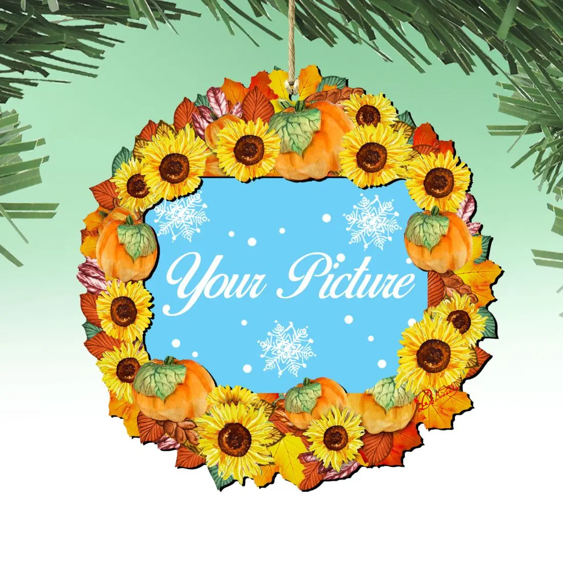 Designocracy 8185305PF-S2 5.5x31 in. Fall Flower Wreath Photo Ornament with Wood Frame - Set of 2, Thanksgiving Decor, Home & Festive Supplies, Decoration for Room Decorations & Photo Display
