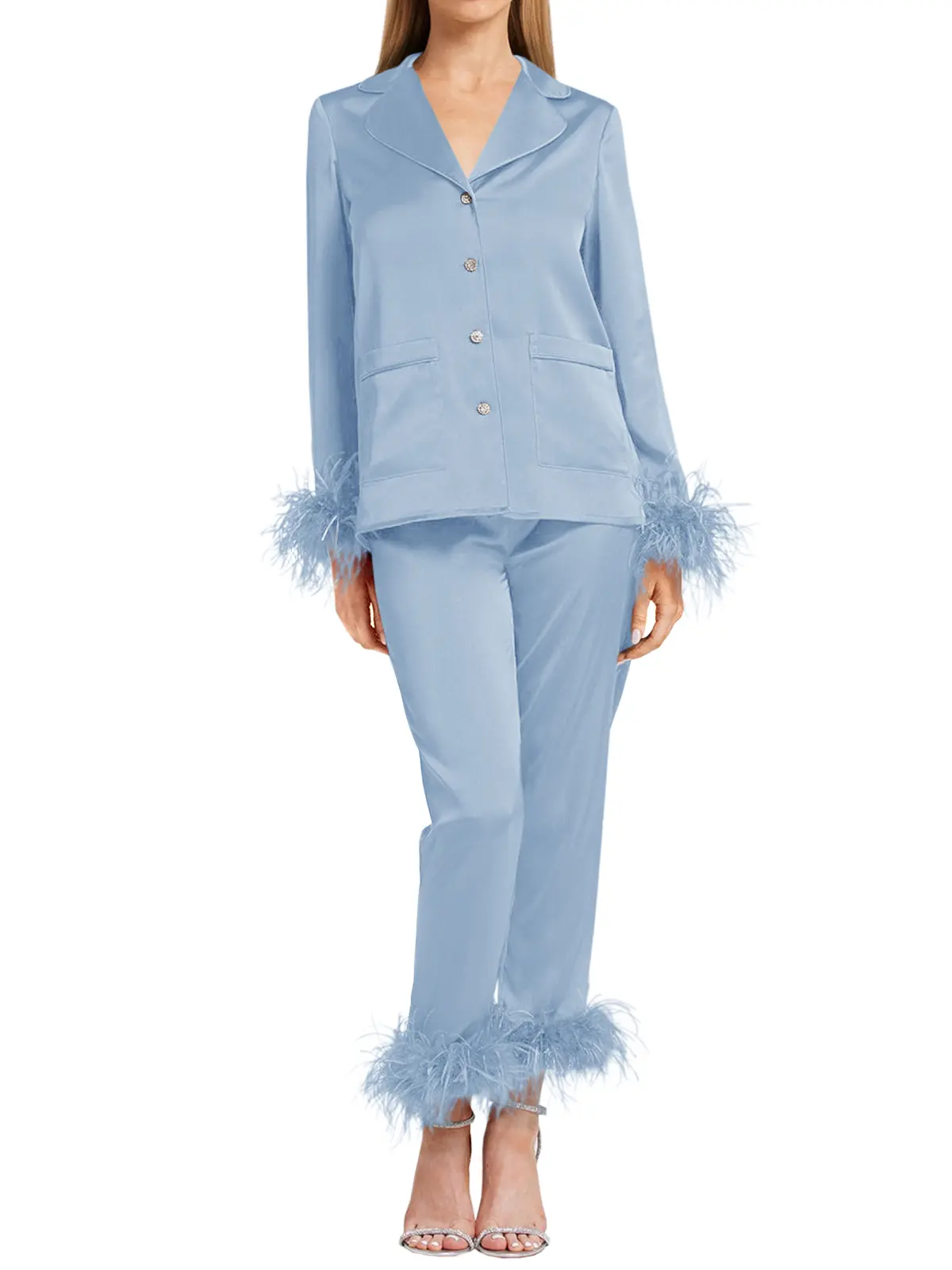 Goranbon Women's Silk Satin Pyjama Set - Longsleeves, Feather Trim, Pocketed, Removable Feather, Bridal Loungewear with Elegance & Statement Appeal, Pyjamas