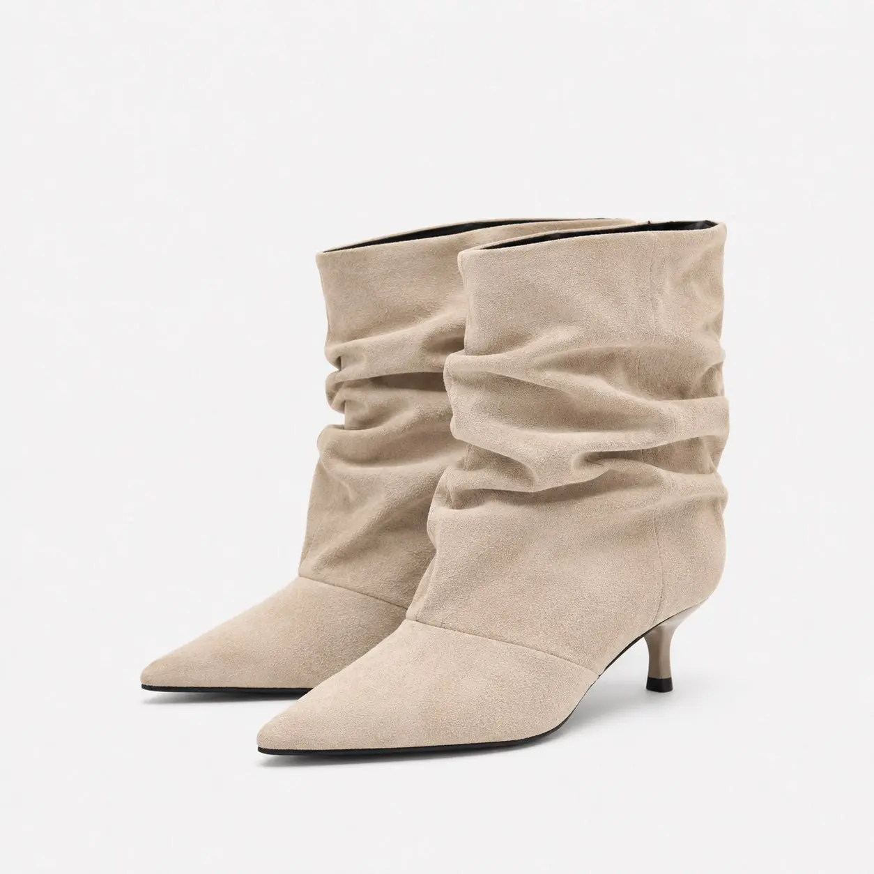 Women's Faux Suede Slouchy Ankle Booties - Pointed Toe, Kitten Heel, Ruched, Slip On - Casual Dress Shoes for Fall Winter Office Date Night (Kitten Heels for Women)