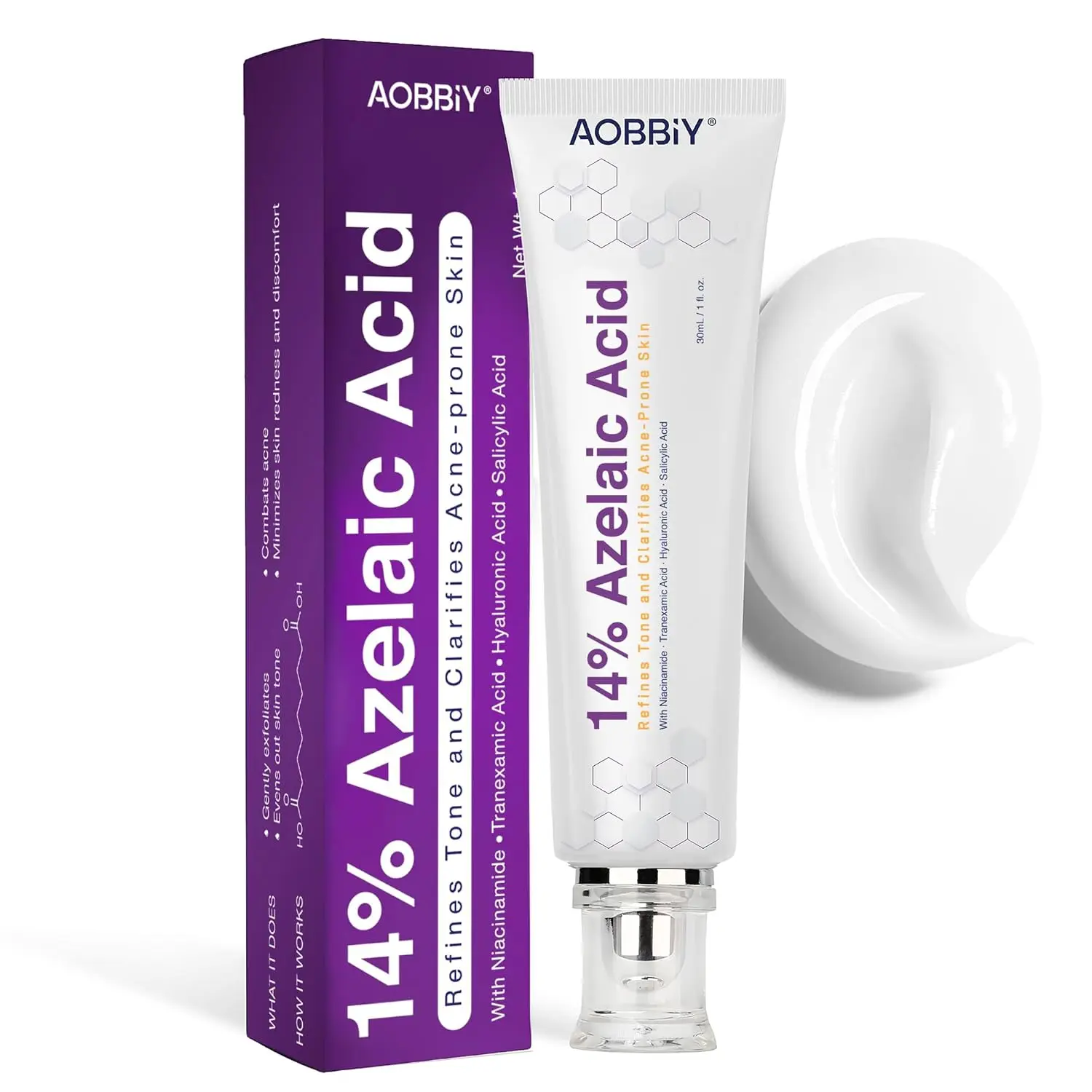 AOBBIY 14% Azelaic Acid Anti-Acne Cream - Premium Skincare with Niacinamide, Tranexamic Acid - 1 Oz for Acne Prone, All Skin Types, Niacinamide Boost, Hyperpigmentation Treatment, Fading Dark Spots, Skin Repair, Blackhead Clearing Acne Treatments