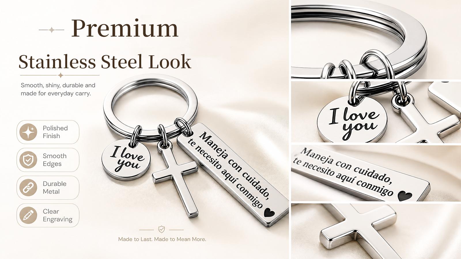 Maneja Con Cuidado Te Necesito Aquí Conmigo Keychain with Cross & "I Love You" Charm, Spanish Drive Safe Stainless Steel Keyring, Romantic Religious Gift for Him/Her Adjustable Heart Rate Couples Bracelet Set Rotating Retractable Reading Badge Holder Maneja Con Cuidado Te Necesito Aquí Conmigo Keychain with Cross & "I Love You" Charm, Spanish Drive Safe Stainless Steel Keyring, Romantic Religious Gift for Him/Her Adjustable Heart Rate Couples Bracelet Set Rotating Retractable Reading Badge Holder
