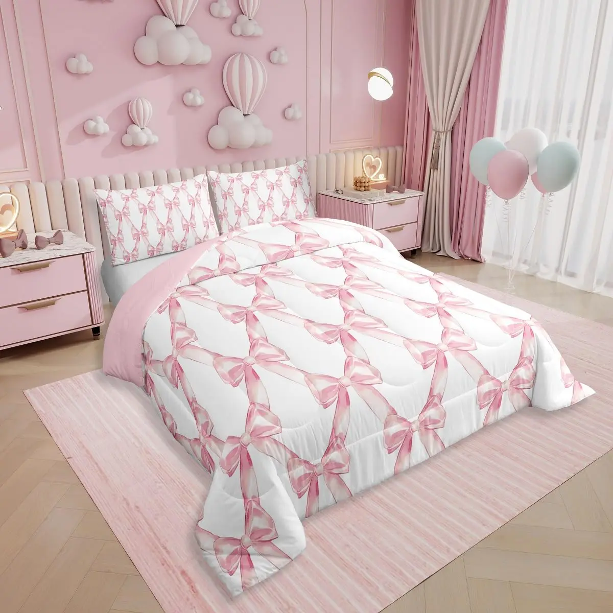 Feelyou Kawaii Bow Tie Queen Comforter Set - Pink Cute Fantasy Princess Duvet Set with Soft, Skin-Friendly, Lightweight Blanket for Girls, Soft Blankets, Light Weight Blanket