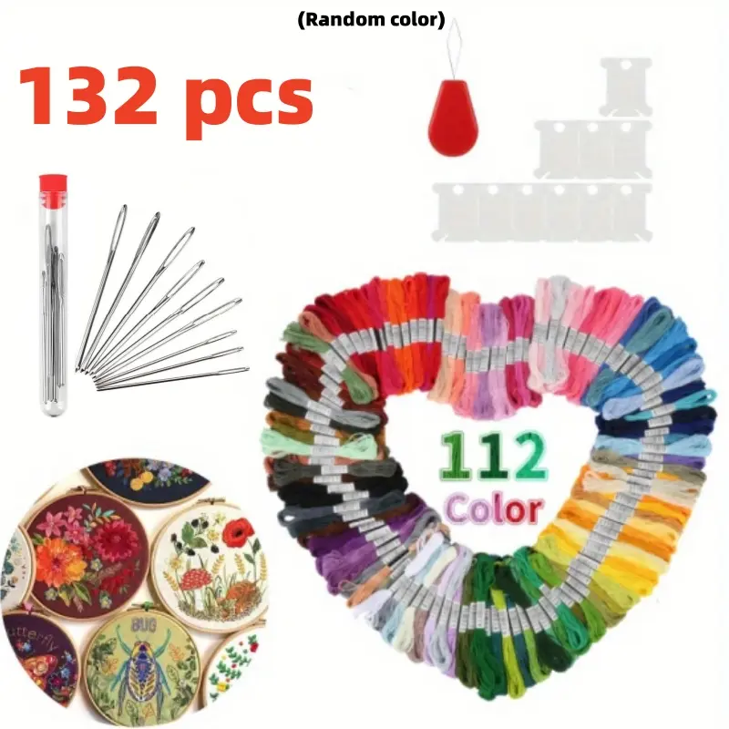 132 Pcs Embroidery Thread Kit, Including 112 Different Colors of Embroidery Thread, 9 Embroidery Needles, 10 Winding Devices, 1 Threading Device (random Color), Embroidery Decoration for Living Room and Bedroom Walls, Gifts for Friends