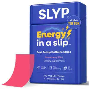 SLYP Caffeine Energy Strips 40mg – Fast Dissolve Oral Strips with L-Theanine, B6 & B12 – Strawberry Mint, 30 Pack