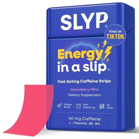 SLYP Caffeine Energy Strips 40mg – Fast Dissolve Oral Strips with L-Theanine, B6 & B12 – Strawberry Mint, 30 Pack