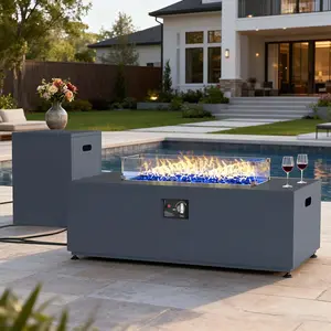 LayinSun 42 Inch Outdoor Fire Pit Table for Outside Patio, 55000BTU Rectangle Propane Firepit with Hidden Fuel Tank, Glass Wind Guard, Waterproof Cover and Lid