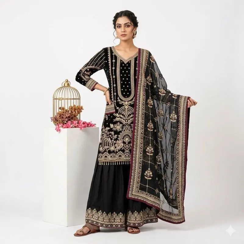 Women's Original 3-Piece Faux Georgette Plazzo Suit Set - Ready-to-Wear Party Outfit with Heavy Embroidery, Sequins, Lace Dupatta, Sleeves, and Elastic Waist