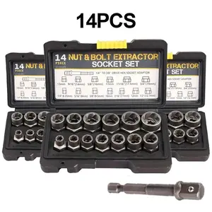 Multifunctional Nut & Bolt Extractor Socket Kit 14PCS Including 13 Nut Remover Set 1/4'' to 3/8" Drive Hex Adapter Iron Bar Power Tool Accessories Impact Sockets Set