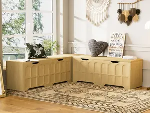L-shaped multifunctional storage bench with padded shoe bench, serves as a kitchen corner stool, toy storage box, or reading nook seat, natural color