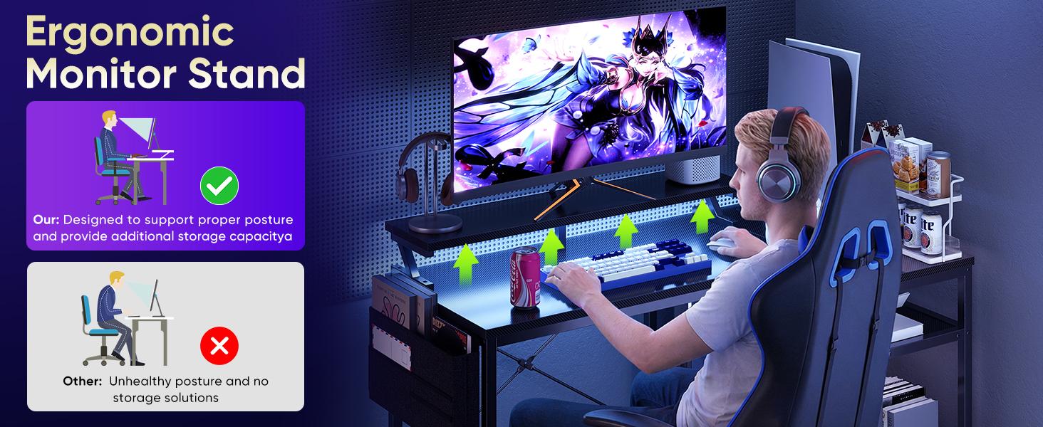 Gaming Desk, Computer Desk with USB Charging Ports, Power Outlets, Type-C and LED Lights, Reversible L Shaped Desk with Storage Shelves & Monitor Stand for Office, Gaming Room