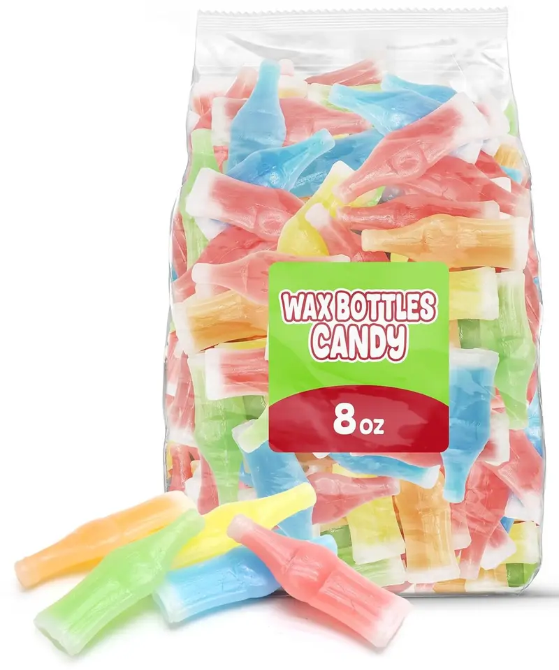 Wax Bottle Candy, 8 OZ Bag (½ LB), Retro Nostalgic Candies with Fruity Liquid Center, TikTok Trend Snack, Assorted Colors and Flavors, Heat Sealed for Freshness, Perfect for Parties and Gifts