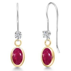 Gem Stone King 14K Two Tone Gold Red Ruby and Lab Grown Diamond Dangle Earrings for Women | 2.13 Cttw | Gemstone July Birthstone | Oval 7X5MM