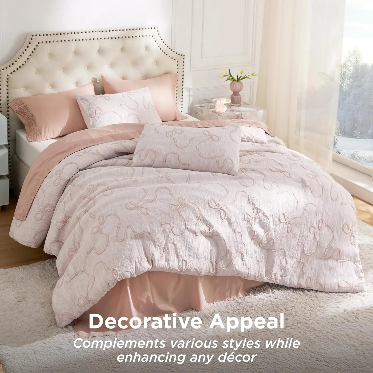 Bedsure GentleSoft 3-Piece Breathable Bow Queen Comforter Set with 2 Pillow Shams - Twin/Full/King Options, Girl-Focused Bed Set, Room Decor, Wash in Large Mesh Laundry Bag, Baby Pink Bedding Sets Collections