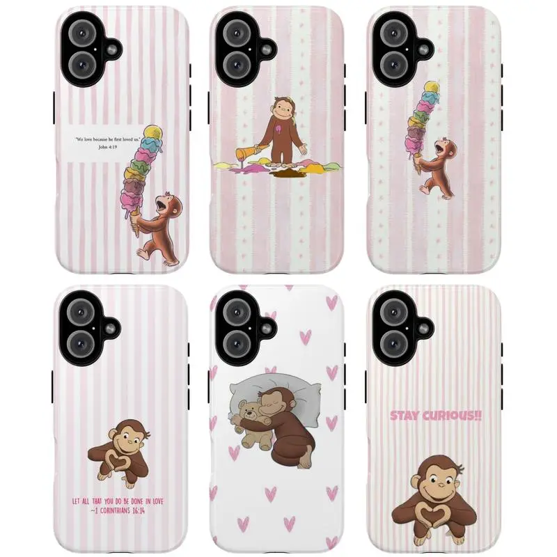 Cute Curious Monkey Pink Aesthetic Cartoon Tough Phone Case for iPhone 11-17 Pro Max Plus. Curious George Inspired, Anti-Drop, Waterproof, Shockproof, Glossy, Scratch-Resistant Full Protection.