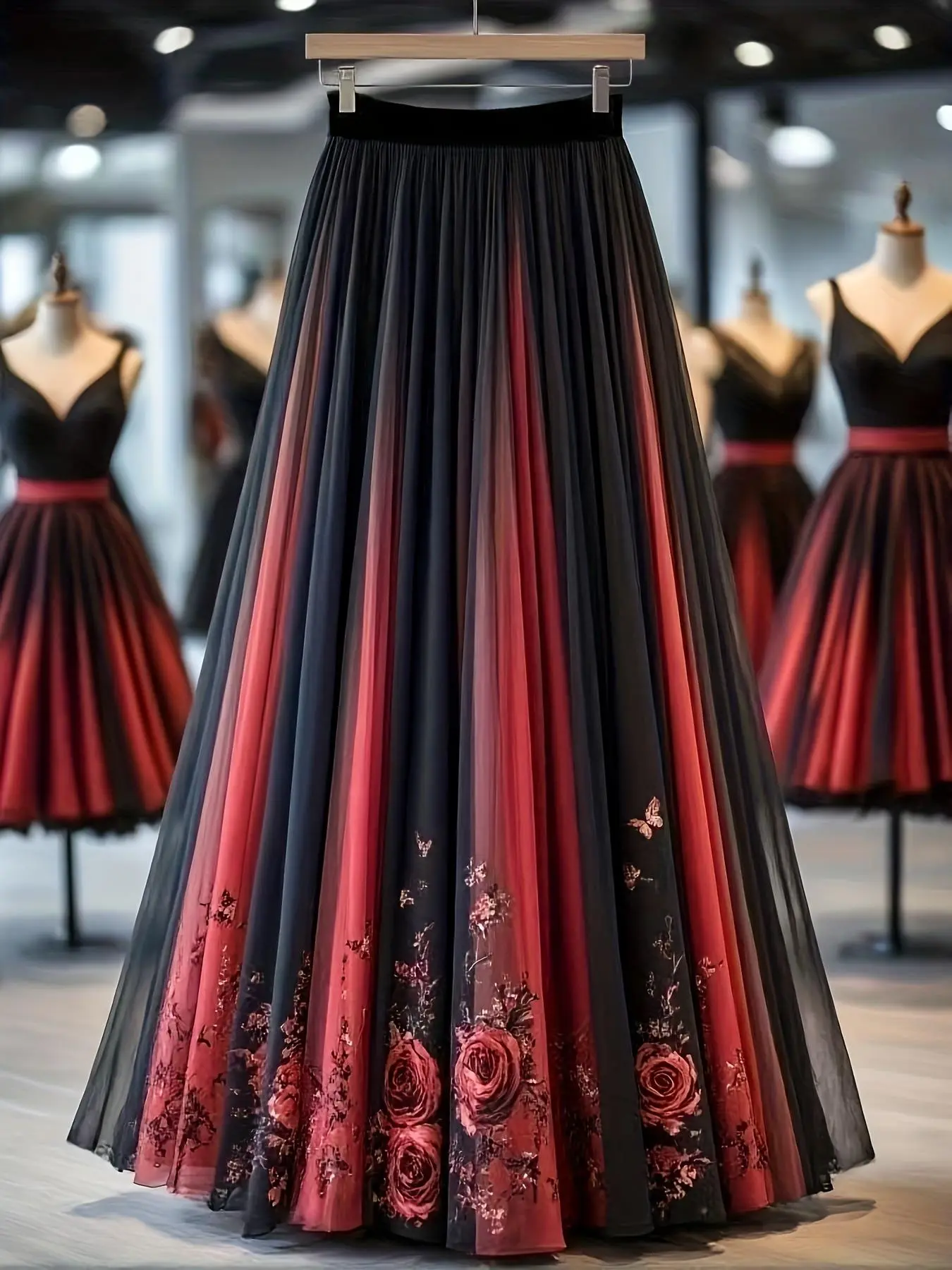 Rose Floral Lace Maxi Skirt, Long Fitted Lightweight Dress with Printed Flowers, Elegant All Seasons Fashion, Formal Fashion Skirt, Women's Clothing, Bottoms, Womenswear, Lace Layered Skirt, Chic Elegant Skirt, Aesthetic Fashionable Skirt