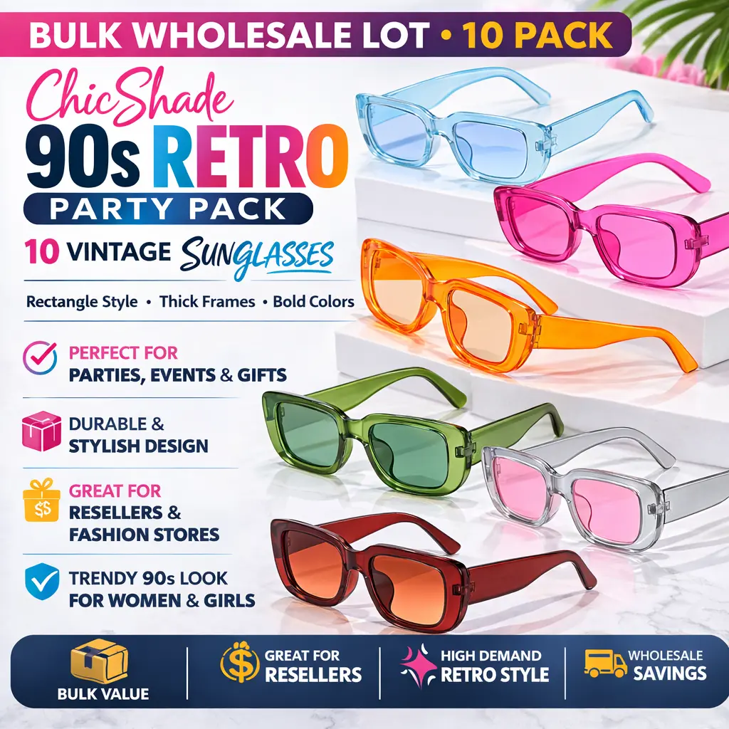 Wholesale Retro Sunglasses 10 Pack Bulk Lot – 90s Vintage Rectangle Sunglasses for Resellers, Party Favors, Festivals & Boutique Sales