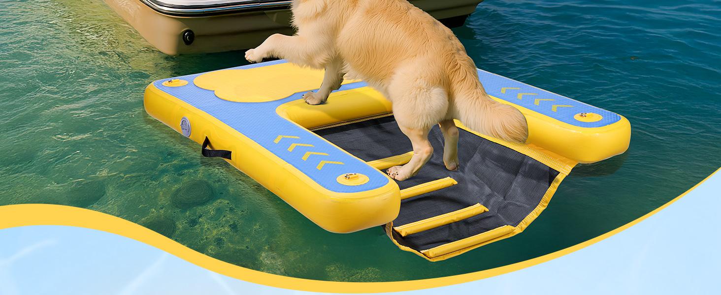 WARMOUNTS Inflatable Dog Water Ramp, Floating Dock Platform for Big Dogs (Up to 220 LBs) with Ladder, Ropes, Non-Slip Pad, High Visibility Dogs Safety Ramp for Pool, River, Boat
