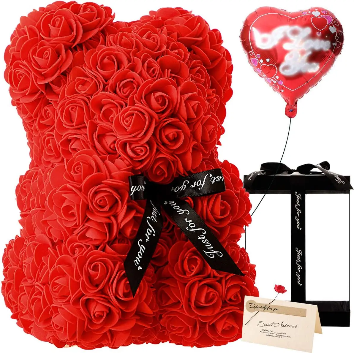 (Elegant & Romantic)  Romantic Handmade Rose Bear for Women – Luxury Rose Teddy Bear Gift Box Set for Valentine’s, Mother’s Day, Weddings & Anniversaries (Red)