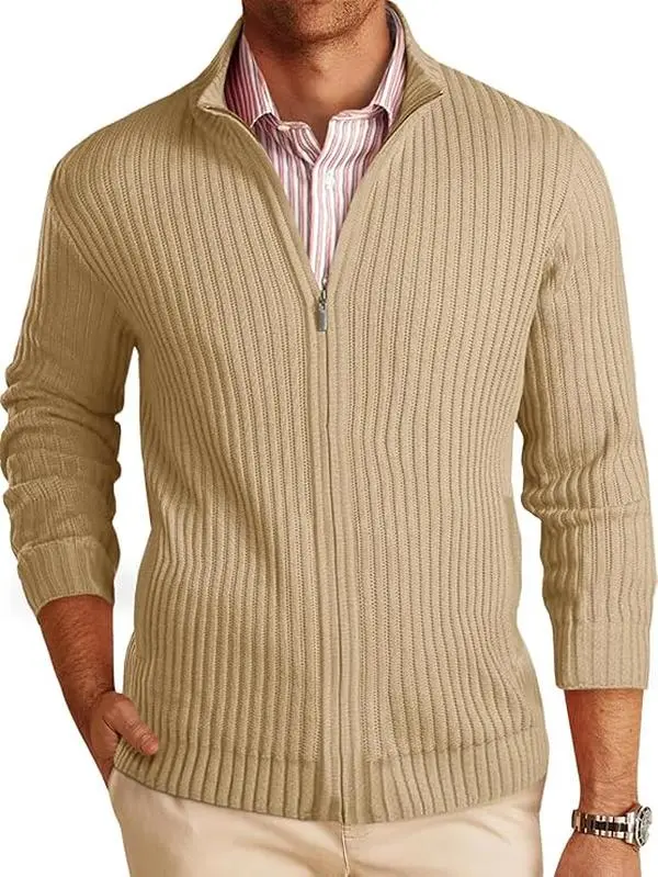 Runcati Mens Full Zip Cardigan Sweater Casual Mock Neck Ribbed Knitted Winter Chunky Sweaters