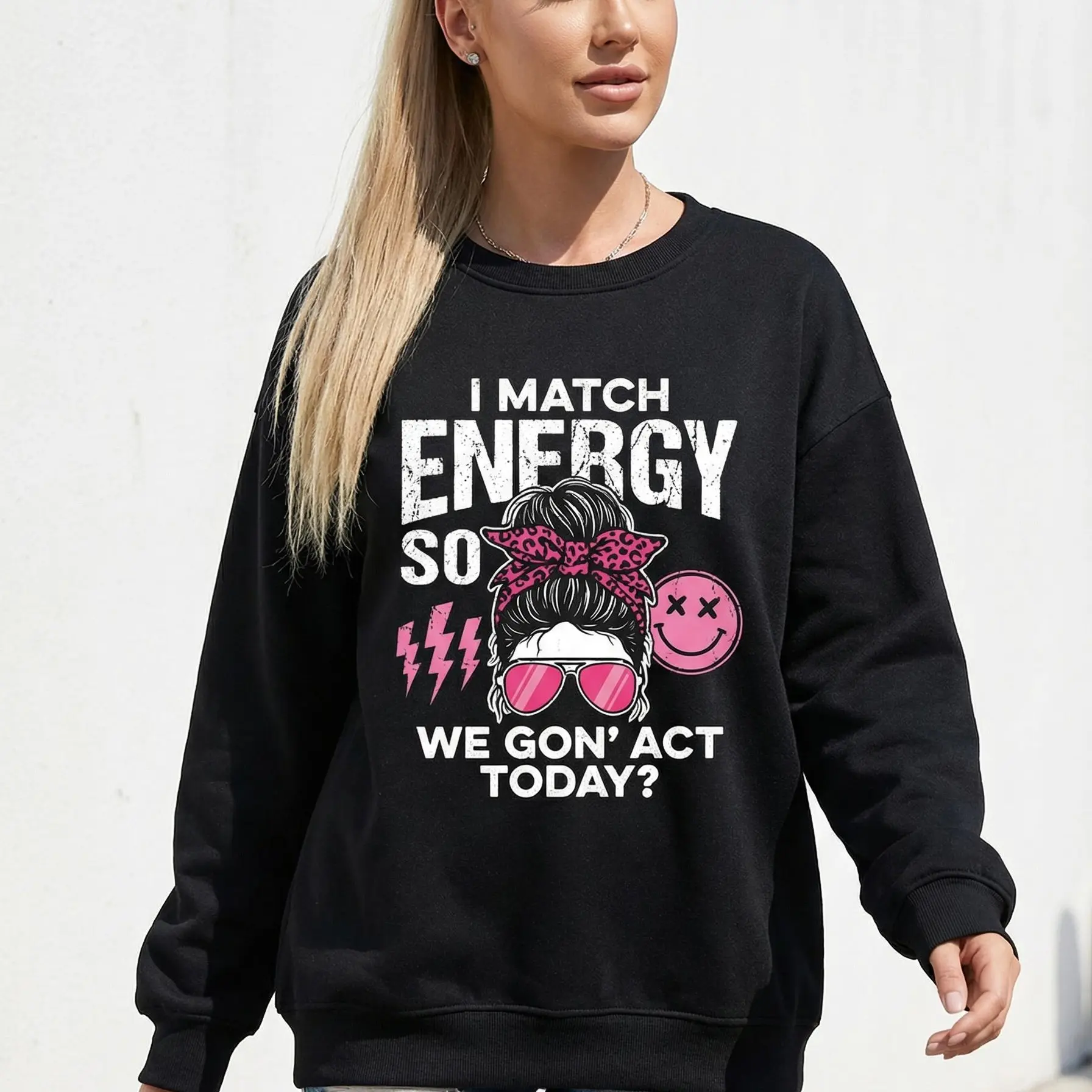 Women's "I Match Energy" Graphic Sweatshirt, Sassy Leopard Print Pullover, Comfortable 100% Cotton Long Sleeve Crewneck, Trendy Villain Era Mom Life Outfit, Fabric