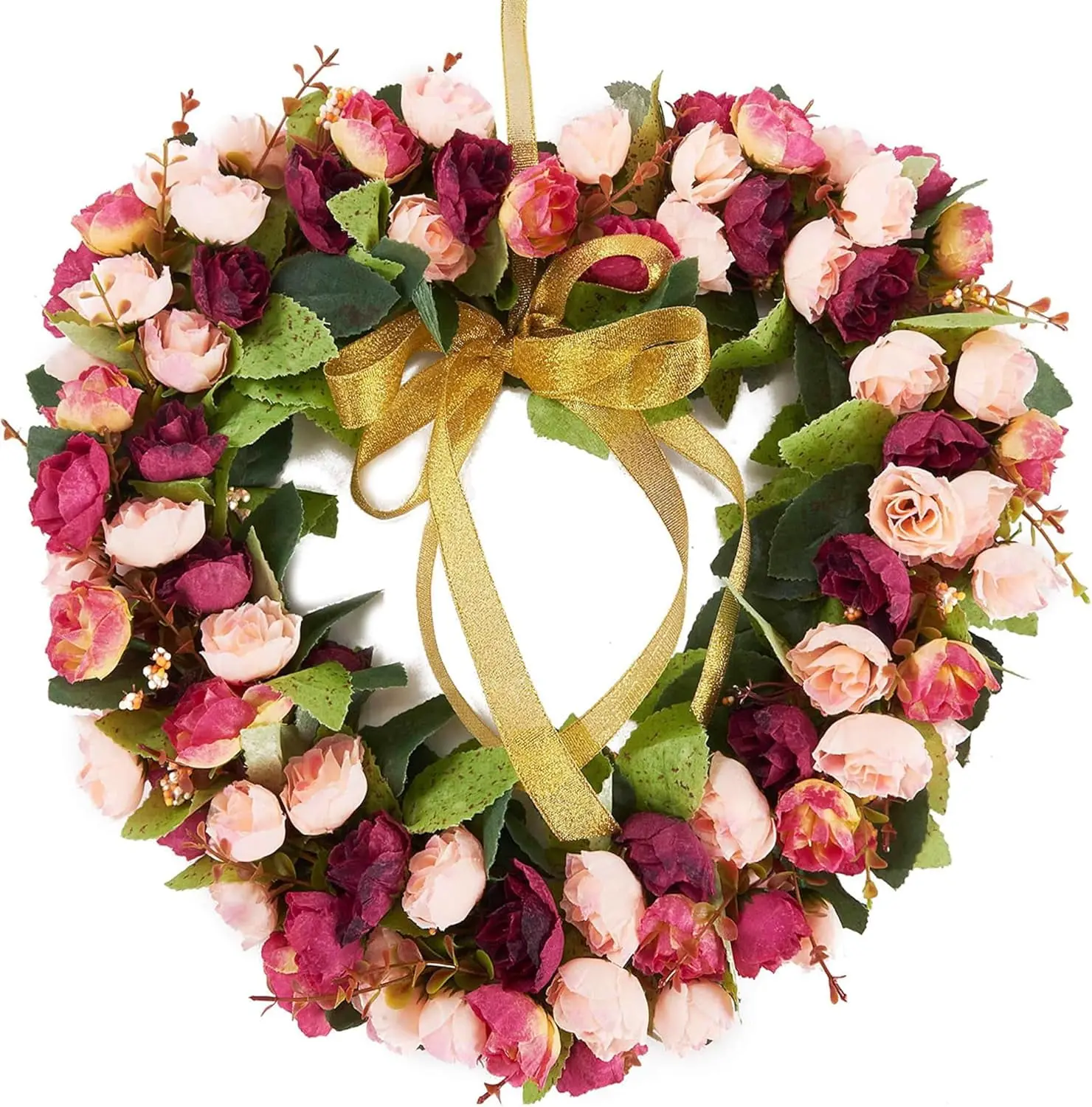 Colourtree Heart Wreath 14inch Artificial Pink Rose Garland for Front Door Home Party Wedding Valentine's Day Decorations Durable Plastic & Polyester Fiber