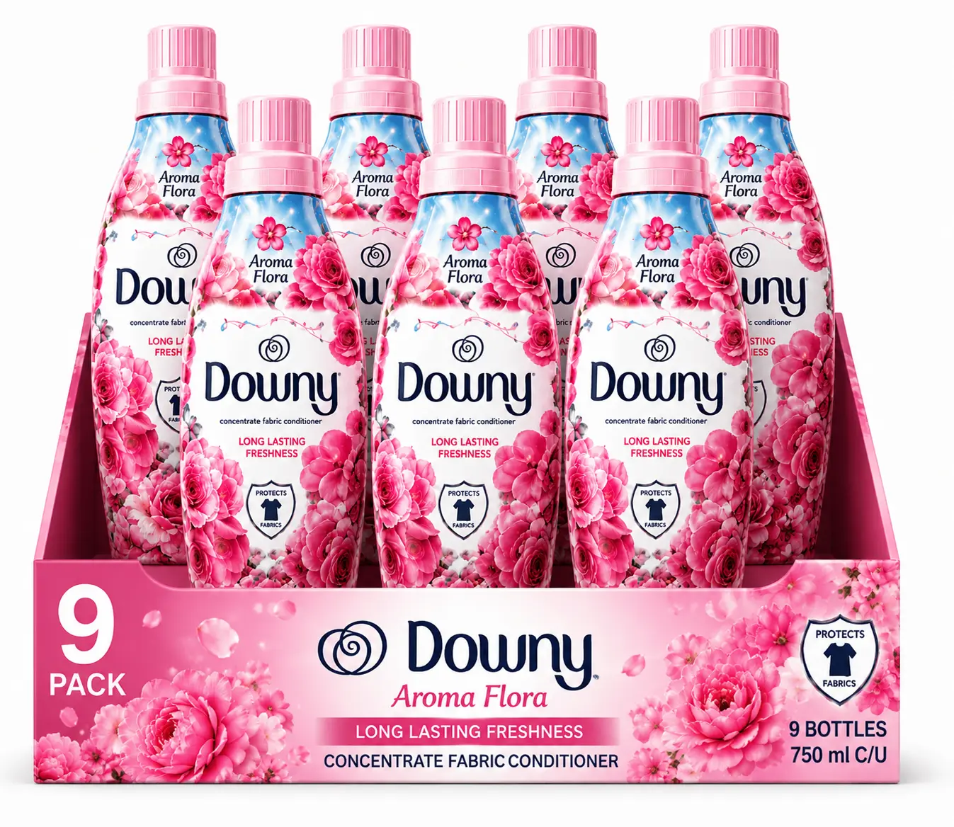 Downy Aroma Flora Concentrated Fabric Conditioner, 9 Pack, 750 ml Bottles, Long-Lasting Floral Freshness