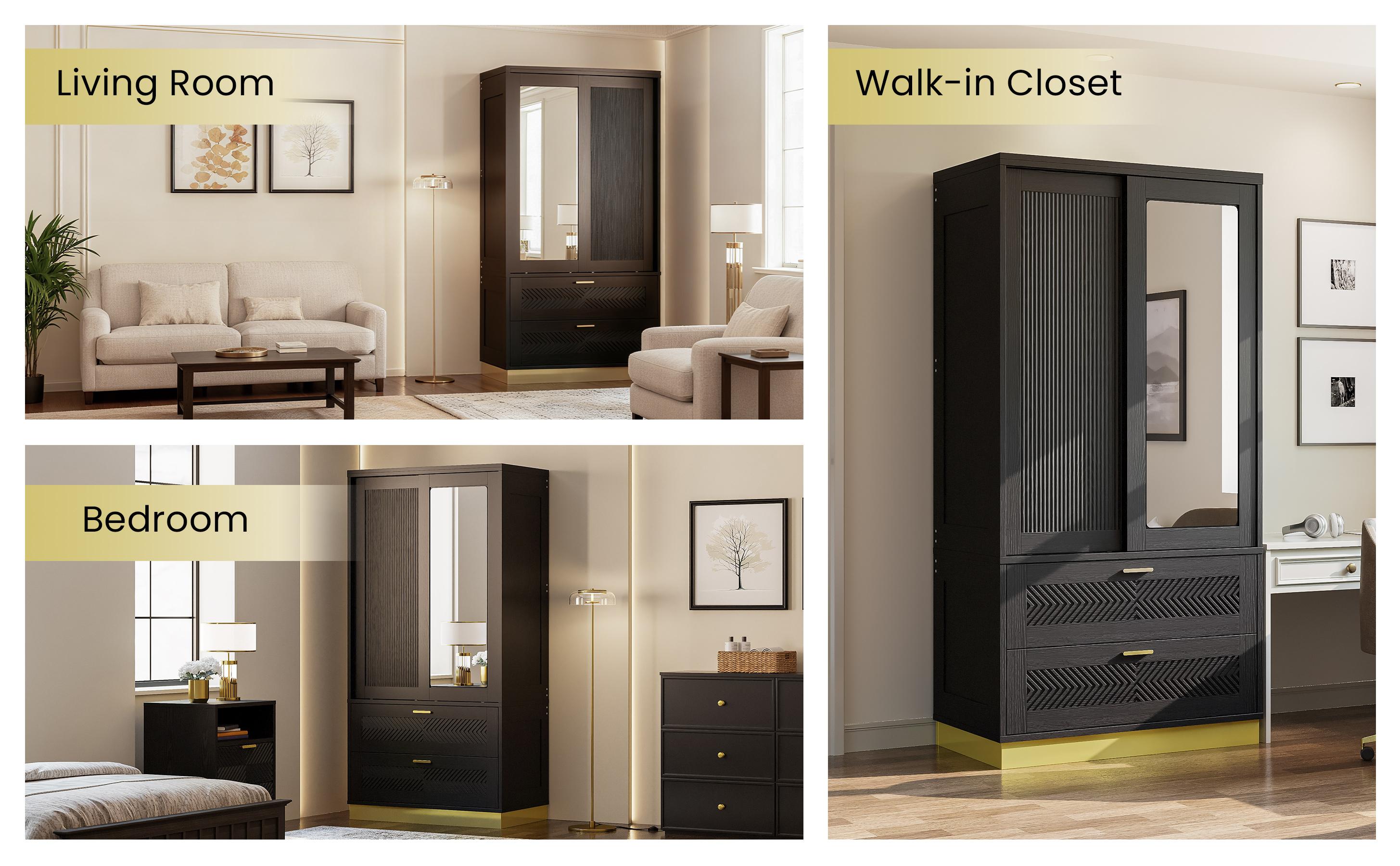 ANCTOR 71" Modern Armoire Wardrobe Closet with Mirror, 2-Door Tall Wardrobe Closet with Sliding Doors 2 Large Drawers Hanging Rod Anti-Tip Kit Freestanding Closets for Bedroom, Apartment, Cloak Room