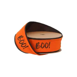 1 1/2" Wired Ribbon | Orange Embroidered Boo w/ Black Backing | 10 Yard Roll