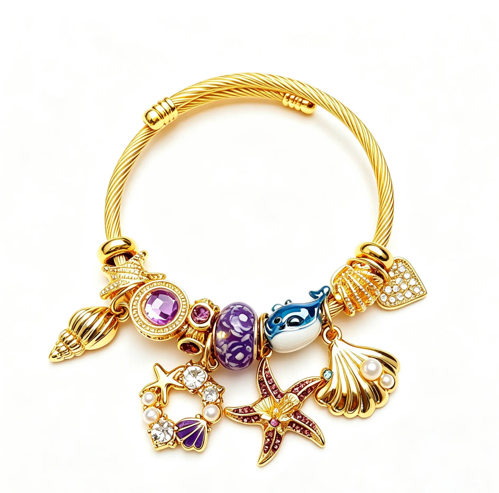 Ocean Dream Charm Bangle: Sparkling Starfish & Whale Open Cuff Bracelet for Women - Aesthetic Jewelry Gift
