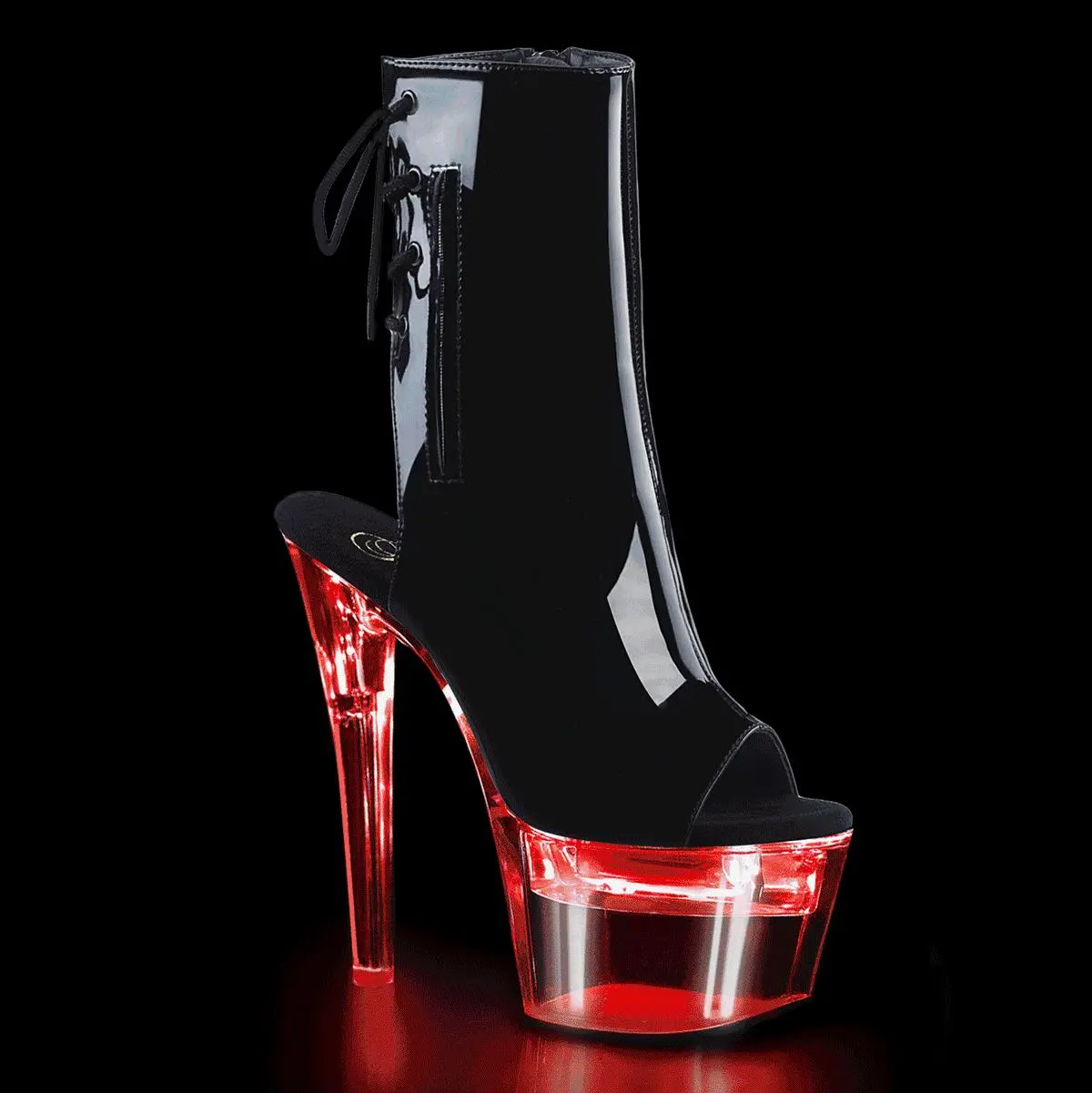 Pleaser Women's Stylish Flashdance-1018-7 Open Toe Ankle Boot High Heels, 7" Stiletto Heeled Footwear with 2.75" LED USB Chargeable Transparent Platform, Lace-Up Back, Statement Shoes, Shoe, Elegant, Black/Clear, 7 In