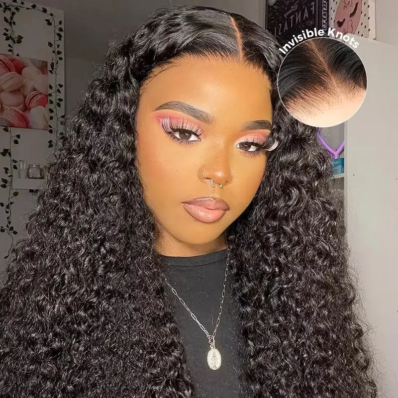 CurlyMe Wear Go Glueless 250% Full Density Bleached Knots Water Wave Pre-cut 7x5 HD Lace Hair Wigs Pre-plucked