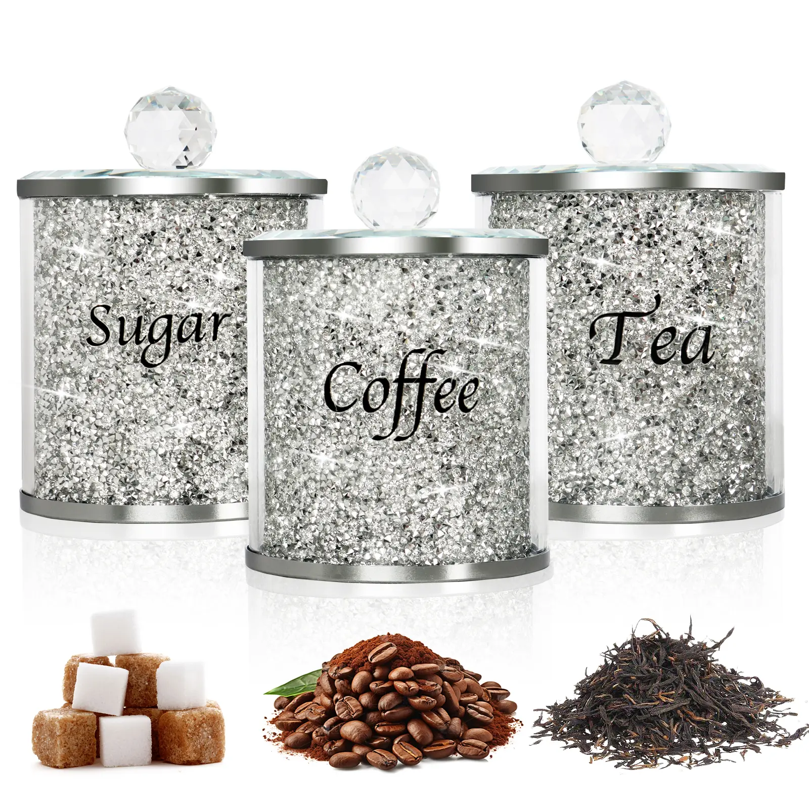 Crystal Salt and Pepper Shakers Set with Tray,Sparkly Crystal Crushed Diamond House Decor for Kitchen,Bling Salt Pepper Jar Container Pot for Countertop,Elegant kitchen salt cabinet,Gold