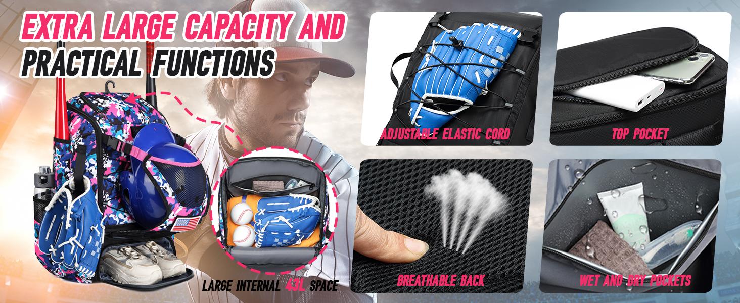 Youth & Adult Baseball Softball Bag - Lightweight Bat Backpack with Fence Hook, Large Main Compartment for Helmet & TBall Equipment, Separate Shoe Pocket Youth & Adult Baseball Softball Bag - Lightweight Bat Backpack with Fence Hook, Large Main Compartment for Helmet & TBall Equipment, Separate Shoe Pocket