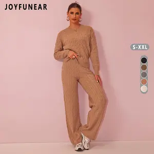 Joyfunear Women's Cable-Knit Loungewear Set - Crew Neck Sweater & Wide-Leg Pants for Everyday Comfort and Style