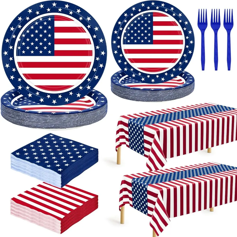 122 PCS Non-Toxic Food-Grade 350gsm Paper Stripes American Flag Patriotic US Pride Packaged Disposable Tableware & Decor - 9in Dinner Plates, 7in Dessert Plates, Napkins, Tablecloth, Forks, Microwave-Safe for Independence Day Parties