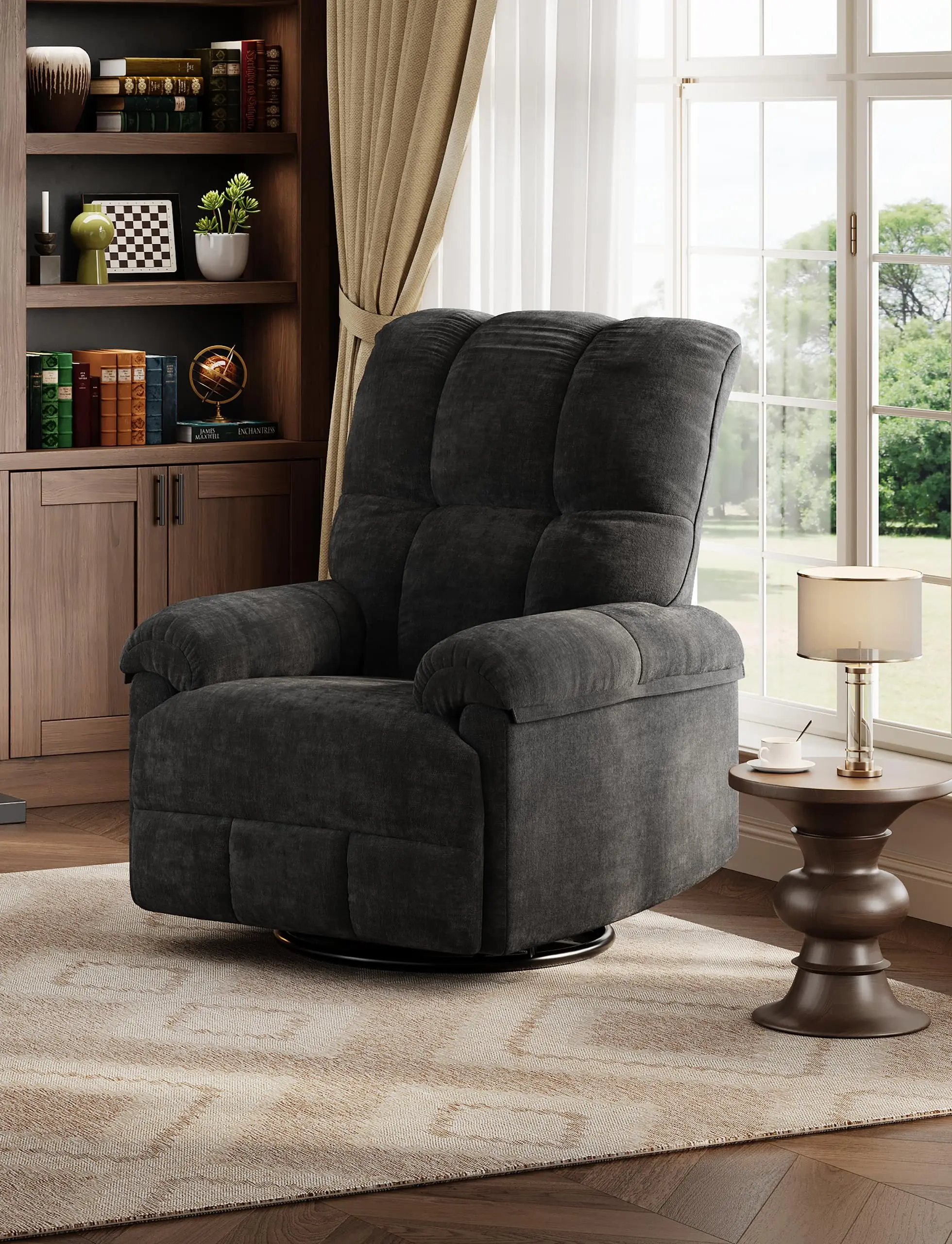 Garvee Swivel Rocking Recliner Chair, Manual Leather Recliner Glider with Lumbar Support & Padded Armrest, Comfortable Rocker Nursery Single Sofa for Living Room and Bedroom (Dark Gray)
