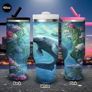 1pc 40oz Dreamy Underwater Manatee Floral Tumbler with Lid and straw, Winter Insulated Travel Mug, Gift for Women Men, Ideal for Valentine's Day, Birthday Gift, Coffee Cup for Office