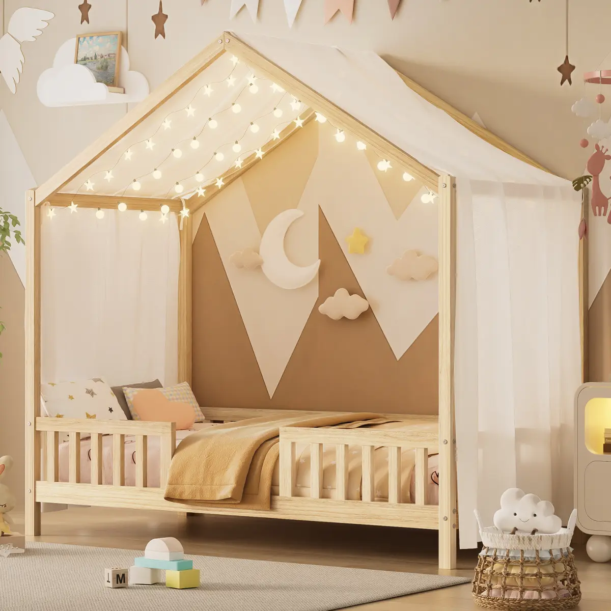 [Bellemave]Montessori Floor Bed with Canopy, Twin / Full Bed Frame for Kids, House Shape Toddler Bed Frame with High Railings, Wood Kids Bed with Roof, Kid Twin Bed, Natural