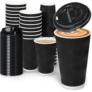 J.C 16oz Coffee Cups with Lids, 100 Pack Insulated Ripple Paper Cups, Disposable Coffee Cups for Water, Juice, Coffee Home Black,FathersDayGift